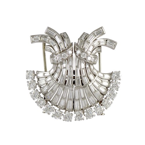 Late Art Deco diamond scroll cluster double clip brooch by Boucheron, Paris, the fan shaped cluster designed as a stylised palmette,